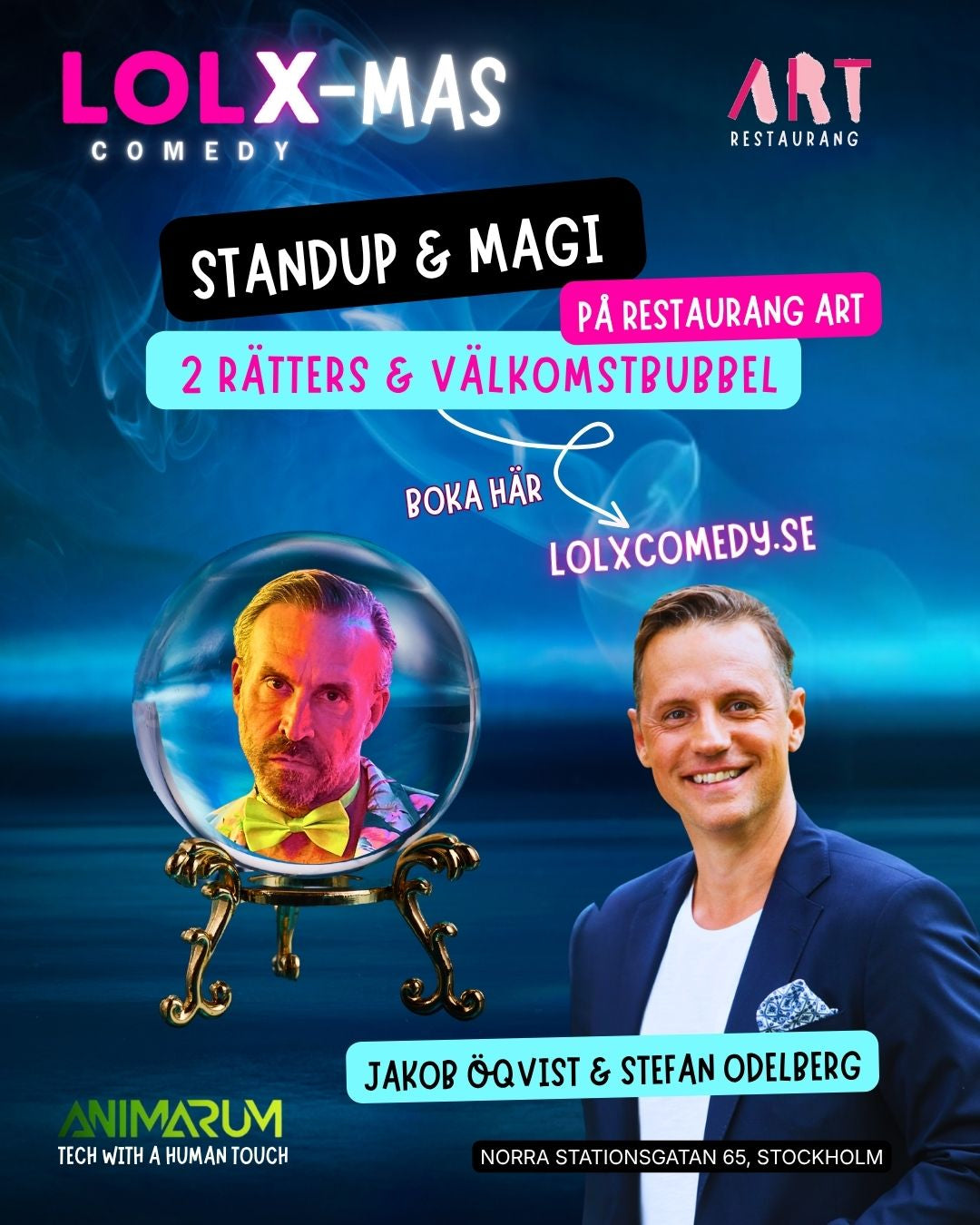 Show, 2 rätters & välkomstbubbel. Jakob Öqvist & Stefan Odelberg. Restaurang ART, Stockholm. 5/12, 18.00